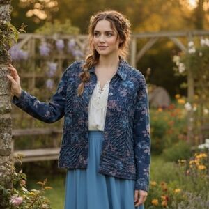 M Denim Tantrums Blue Pink Jean Jacket Unique Textured Distressed Design Vintage